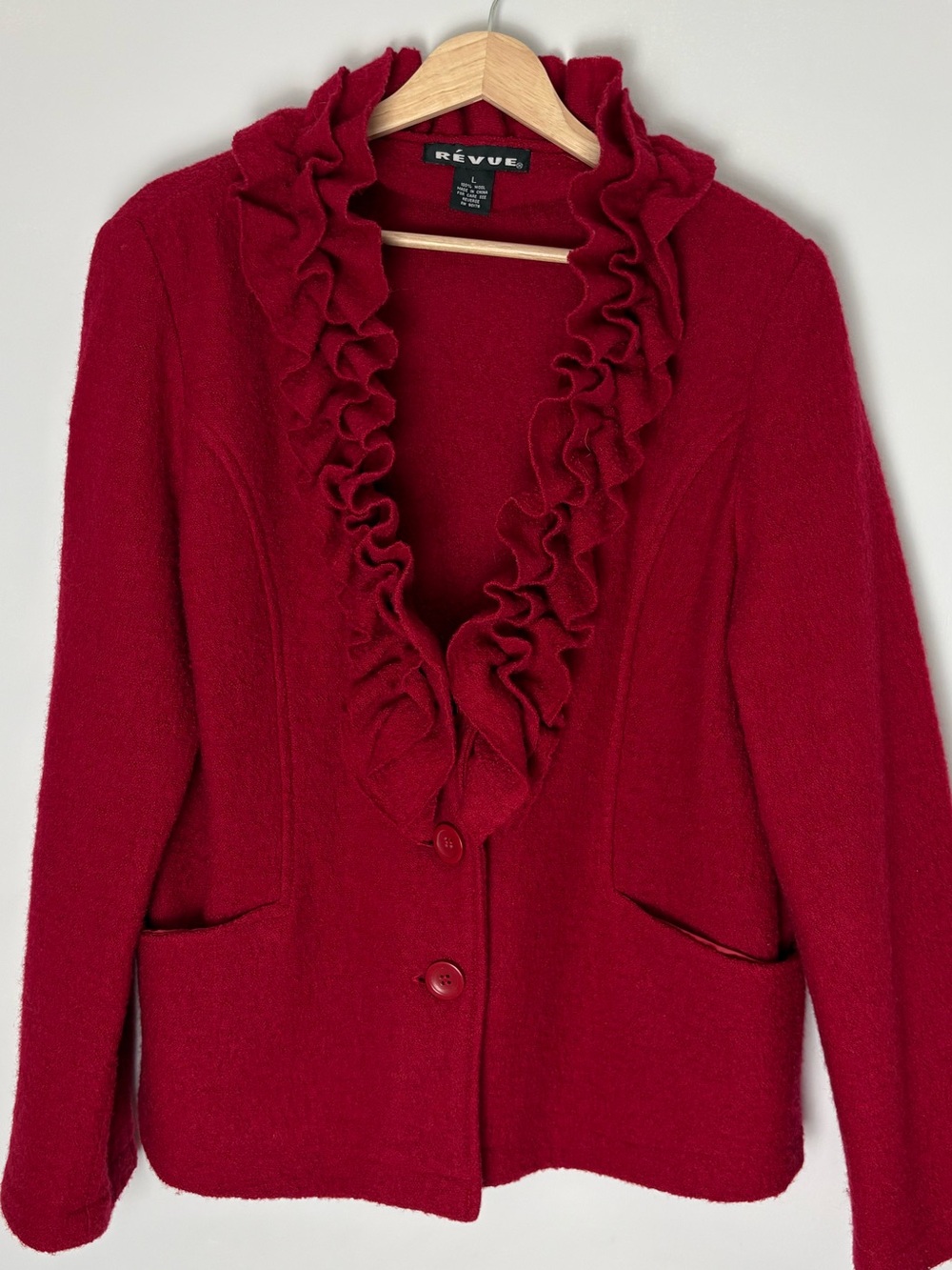Revue 100% Wool Red Ruffle Blazer Jacket Women’s L